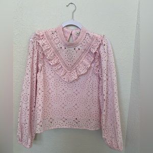 Miss Selfridge Eyelet Shirt Women’s 6 Pink Spring Ruffles Feminine Long Sleeve